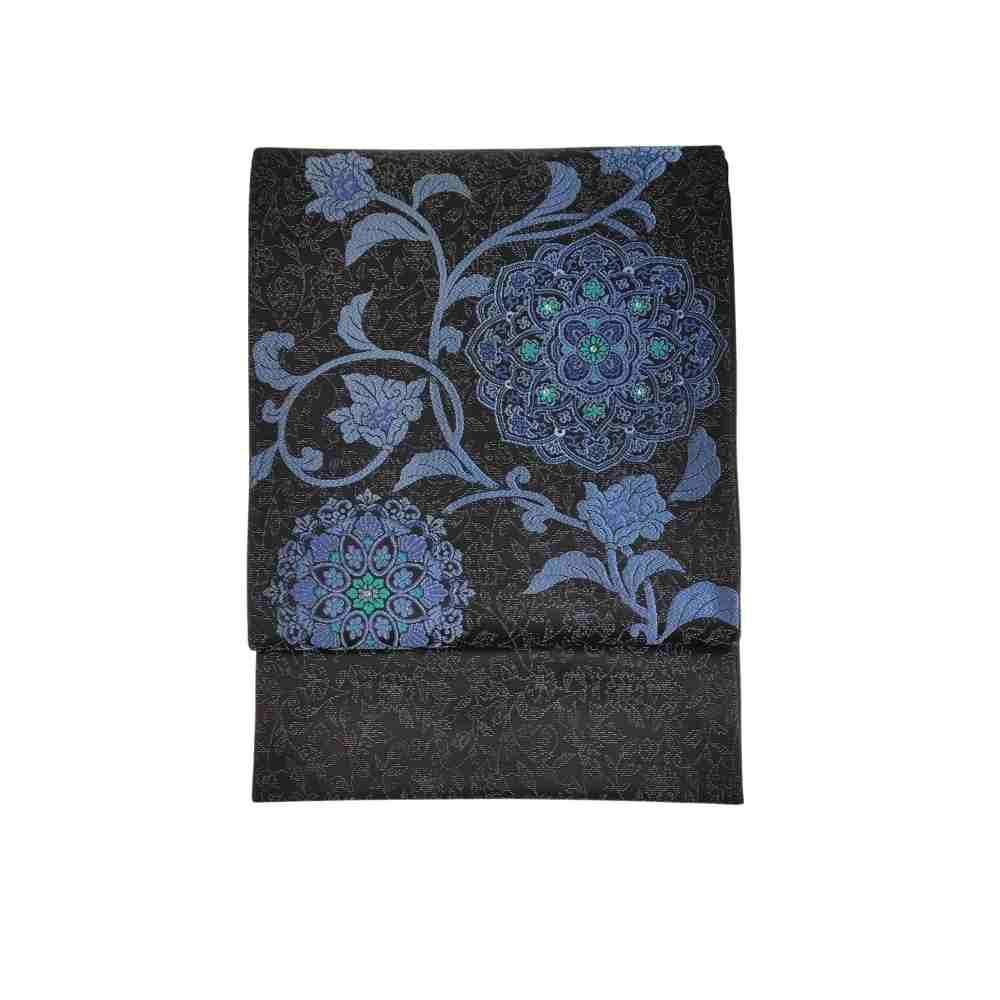 正絹　振袖袋帯(六通)ブルー地にプラチナカラーで正倉院華紋